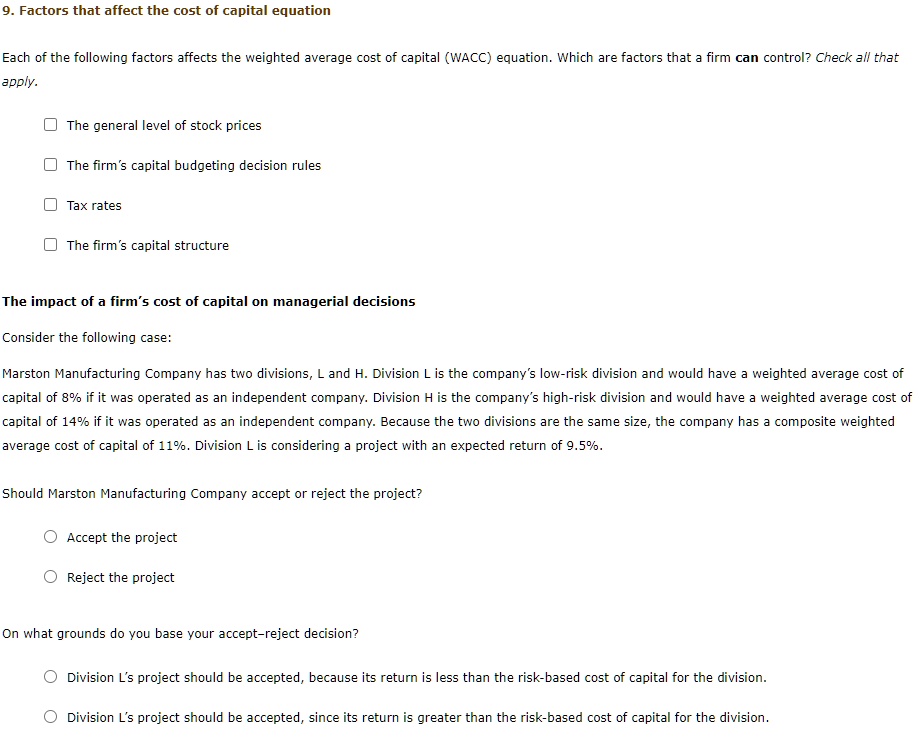 SOLVED: Factors that affect the cost of capital equation Each of the ...