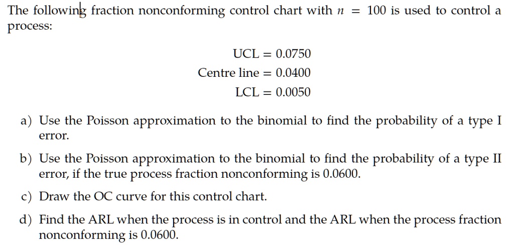 The following fraction nonconforming control chart with n = 100 is used to control a process:

UCL = 0.0750
Centre line = 0.0400
LCL = 0.0050

a) Use the Poisson approximation to the binomial to find the probability of a type I error.
b) Use the Poisson approximation to the binomial to find the probability of a type II error, if the true process fraction nonconforming is 0.0600.
c) Draw the OC curve for this control chart.
d) Find the ARL when the process is in control and the ARL when the process fraction nonconforming is 0.0600.