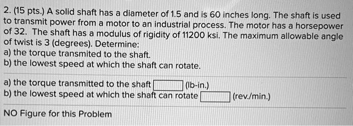 Long Shaft Problem 2. (15 pts.) A solid shaft has a diameter of 1.5 and is 60...