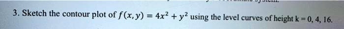 3. Sketch the contour plot of f(x, y) = 4x^2 + y^2 using the level curves of height k = 0, 4, 16.