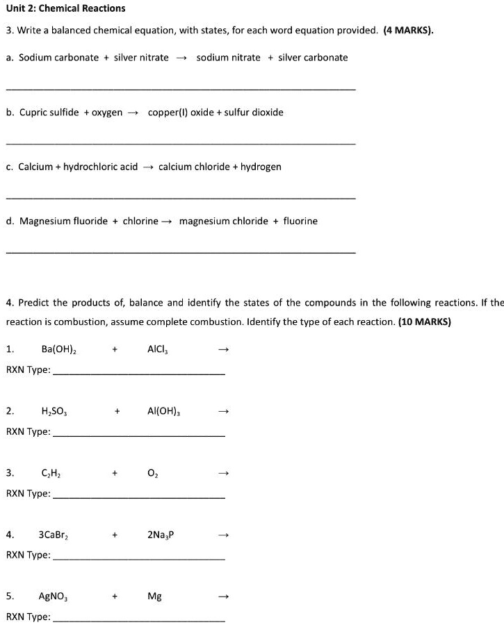 SOLVED: Unit 2: Chemical Reactions Write balanced chemical equation ...