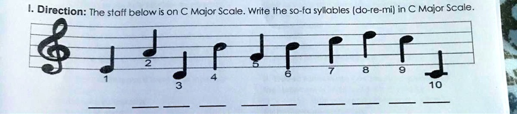 SOLVED: Direction: The staff below is in the C Major Scale. Write the ...