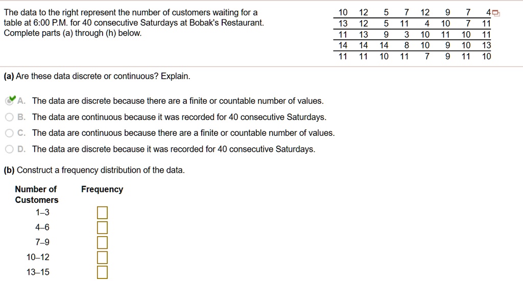 The data to the right represent the number of customers waiting for a table at 6:00 P.M. for 40 consecutive Saturdays at Bobak's Restaurant. Complete parts (a) through (h) below.

10 12 5 7 12 9 7 4
13 12 5 11 4 10 7 11
11 13 9 3 10 11 10 11
14 14 14 8 10 9 10 13
11 11 10 11 7 9 11 10

(a) Are these data discrete or continuous? Explain.
A. The data are discrete because there are a finite or countable number of values.
B. The data are continuous because it was recorded for 40 consecutive Saturdays.
C. The data are continuous because there are a finite or countable number of values.
D. The data are discrete because it was recorded for 40 consecutive Saturdays.

(b) Construct a frequency distribution of the data.

Number of Customers Frequency
1–3
4–6
7–9
10–12
13–15