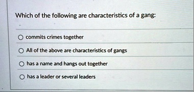 which of the following are characteristics of a gang commits crimes together all of the above are characteristics of gangs has a name and hangs out together has a leader or several leaders 00122