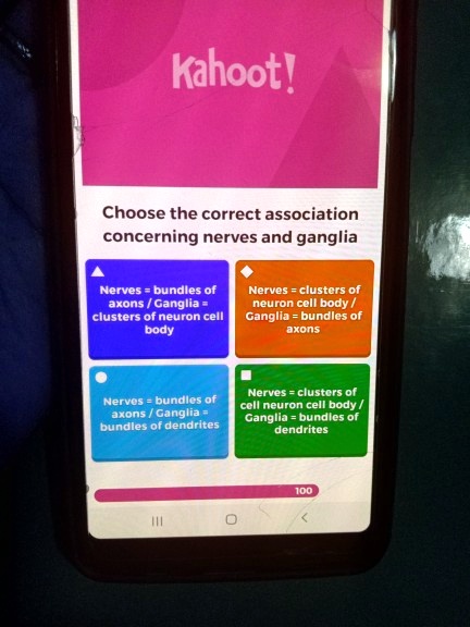 Kahoot!
Choose the correct association concerning nerves and ganglia
Nerves = bundles of axons / Ganglia = clusters of neuron cell body
Nerves = clusters of neuron cell body / Ganglia = bundles of axons
Nerves = bundles of axons / Ganglia = bundles of dendrites
Nerves = clusters of cell neuron cell body / Ganglia = bundles of dendrites