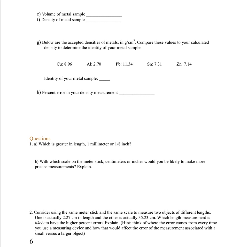 SOLVED Volume of metal sample Density of metal sample g) Below are the