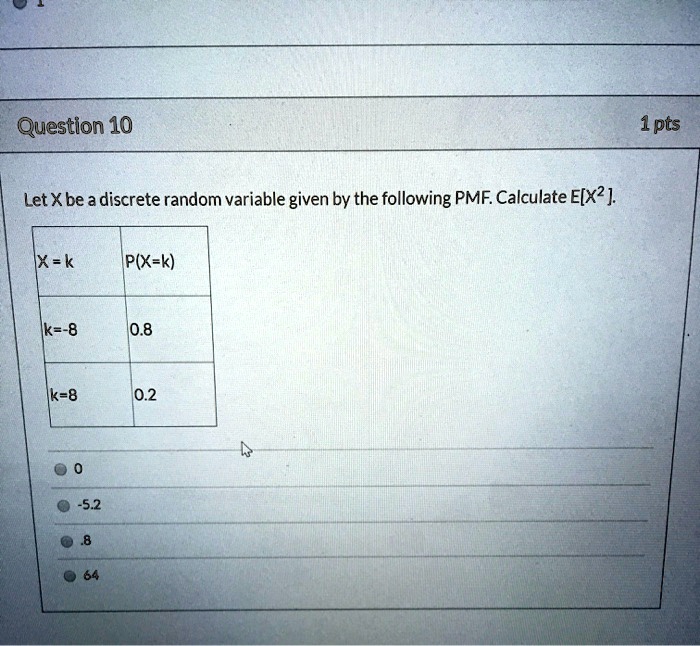 Solved Question 10 1pts Let Xbe Adiscrete Random Variable Given By The Following Pmf Calculate 2475