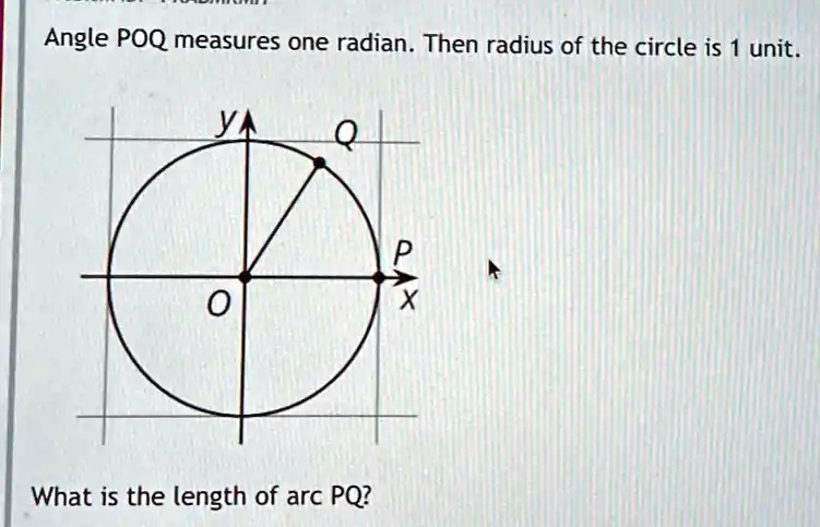 Angle POQ measures one radian. Then radius of the circle is 1 unit.
What is the length of arc PQ?