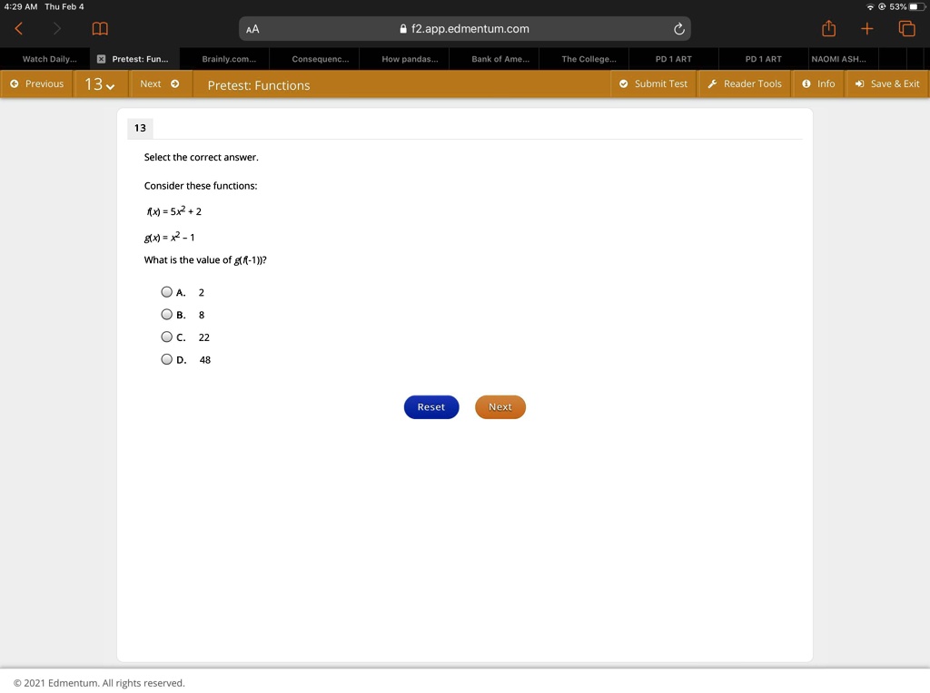 Solved Help Please Consider These Functions F X 5x2 2 G X X2 1 What Is The Value Of G F 1 A 2 B 8 C 22 D 48 4 29 Am