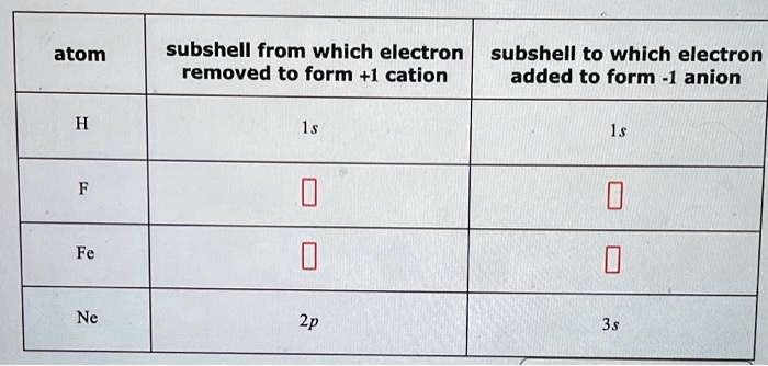 atom | subshell from which electron removed to form +1 cation | subshell to which electron added to form -1 anion
— | — | —
H | 1s | 1s
F | [] | []
Fe | [] | []
Ne | 2p | 3s