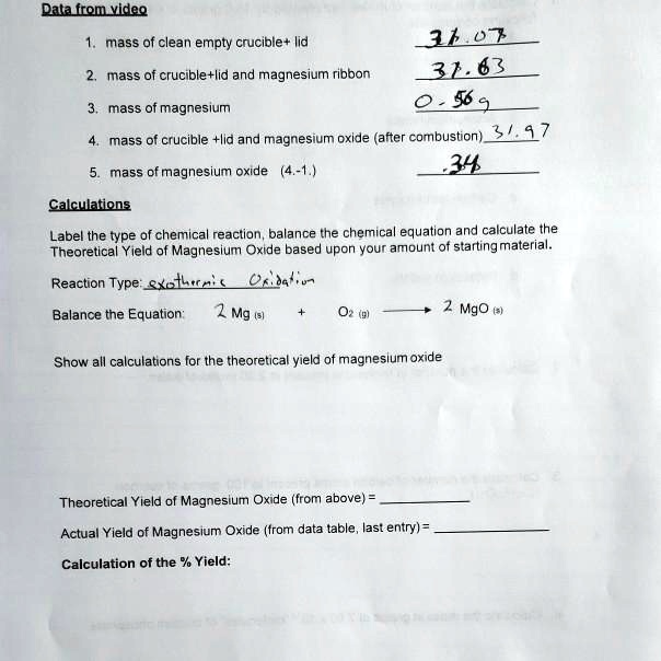 Data from video

1. mass of clean empty crucible+ lid 31.07
2. mass of crucible+lid and magnesium ribbon 31.63
3. mass of magnesium 0.56g
4. mass of crucible +lid and magnesium oxide (after combustion) 31.97
5. mass of magnesium oxide (4.-1.) .34

Calculations
Label the type of chemical reaction, balance the chemical equation and calculate the Theoretical Yield of Magnesium Oxide based upon your amount of starting material.
Reaction Type: exothermic Oxidation
Balance the Equation: 2 Mg (s) + O2 (g) -> 2 MgO (s)

Show all calculations for the theoretical yield of magnesium oxide

Theoretical Yield of Magnesium Oxide (from above) =
Actual Yield of Magnesium Oxide (from data table, last entry) =
Calculation of the % Yield: