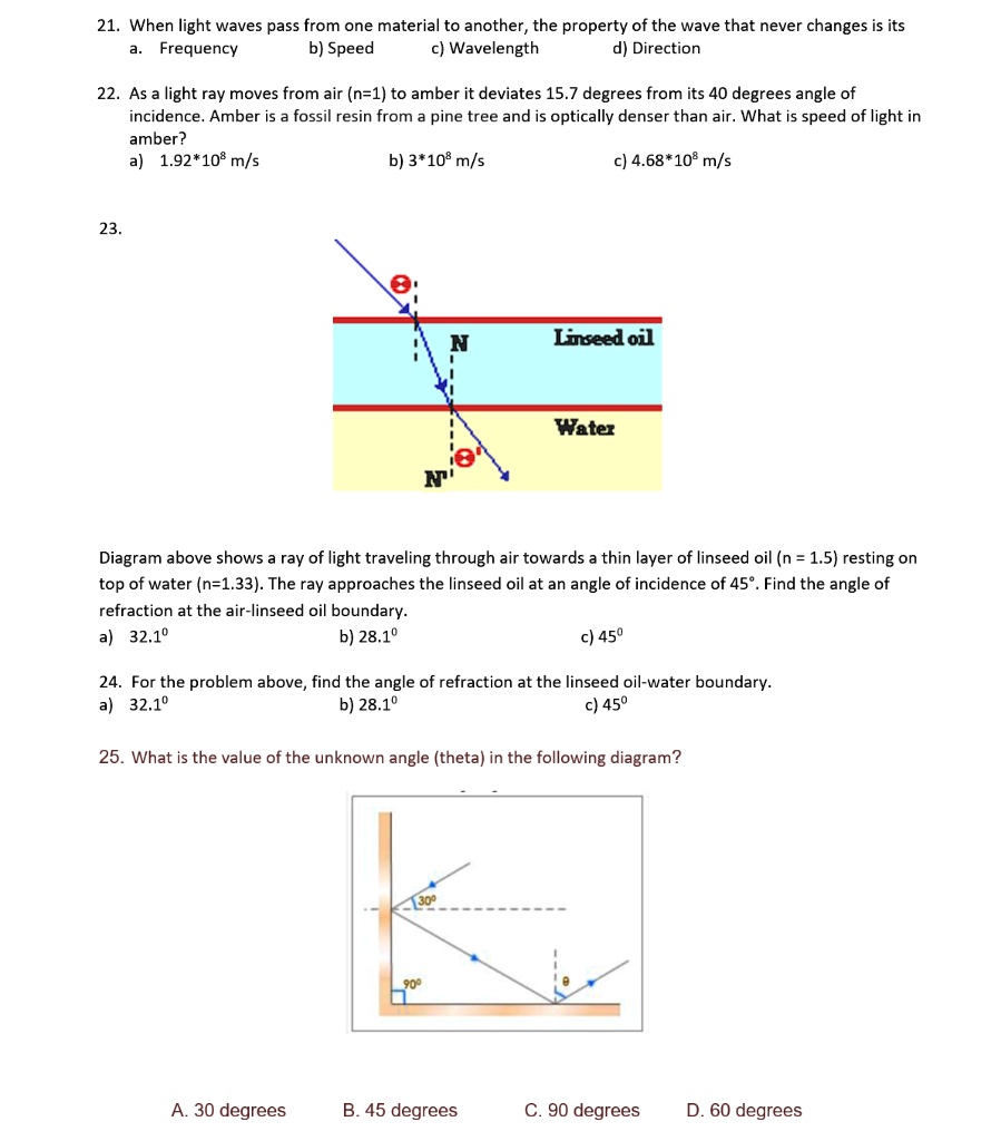 21. When light waves pass from one material to another, the property of the wave that never changes is its
a. Frequency
b. Speed
c. Wavelength
d. Direction

22. As a light ray moves from air (n=1) to amber it deviates 15.7 degrees from its 40 degrees angle of incidence. Amber is a fossil resin from a pine tree and is optically denser than air. What is speed of light in amber?
a) 1.92*10^8 m/s
b) 3*10^8 m/s
c) 4.68*10^8 m/s

23.
Linseed oil
N
Water
N'
Diagram above shows a ray of light traveling through air towards a thin layer of linseed oil (n = 1.5) resting on top of water (n=1.33). The ray approaches the linseed oil at an angle of incidence of 45°. Find the angle of refraction at the air-linseed oil boundary.
a) 32.1°
b) 28.1°
c) 45°

24. For the problem above, find the angle of refraction at the linseed oil-water boundary.
a) 32.1°
b) 28.1°
c) 45°

25. What is the value of the unknown angle (theta) in the following diagram?
30°
90°
?
A. 30 degrees
B. 45 degrees
C. 90 degrees
D. 60 degrees