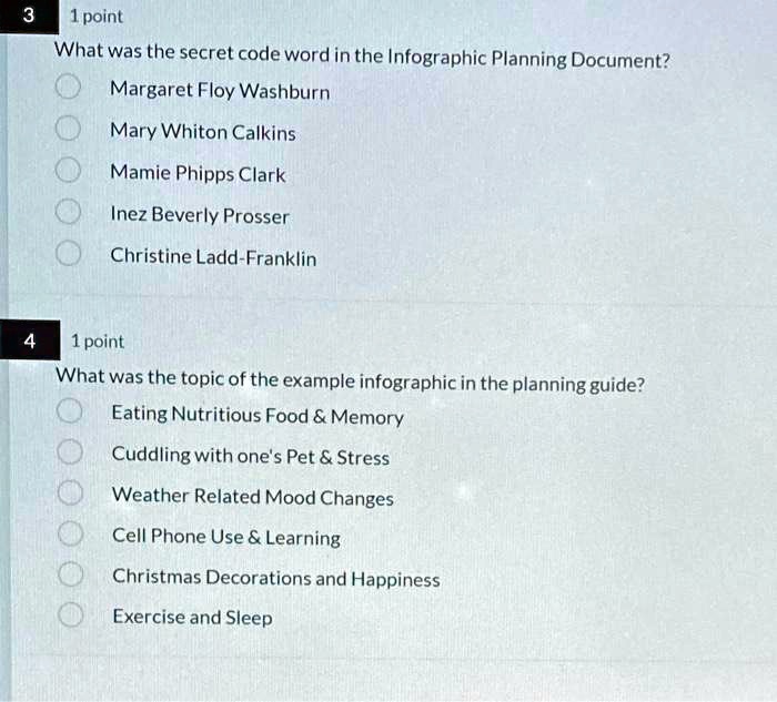 [GET ANSWER] 3 1 point What was the secret code word in the Infographic ...