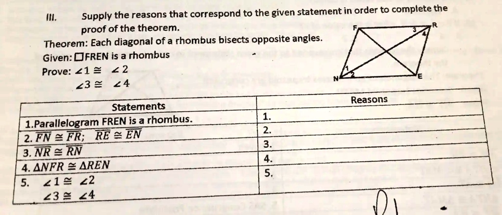 III.
Supply the reasons that correspond to the given statement in order to complete the
proof of the theorem.
Theorem: Each diagonal of a rhombus bisects opposite angles.
Given: FREN is a rhombus
Prove: ∠1 ≅∠2
∠3 ≅∠4
F
R
Statements
Reasons
1.Parallelogram FREN is a rhombus.
1.
2. FN ≅FR; RE ≅EN
2.
3. NR ≅RN
3.
4. NFR ≅REN
4.
5. ∠1 ≅∠2
5.
∠3 ≅∠4
E
N