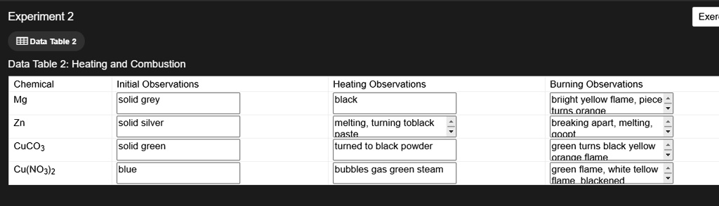 Experiment 2
Data Table 2
Data Table 2: Heating and Combustion
Chemical
Initial Observations
Heating Observations
Mg
solid grey
black
Zn
solid silver
melting, turning toblack
paste
CuCO3
solid green
turned to black powder
Cu(NO3)2
blue
bubbles gas green steam
Burning Observations
bright yellow flame, piece
turns orange
breaking apart, melting,
goopt
green turns black yellow
orange flame
green flame, white tellow
flame blackened