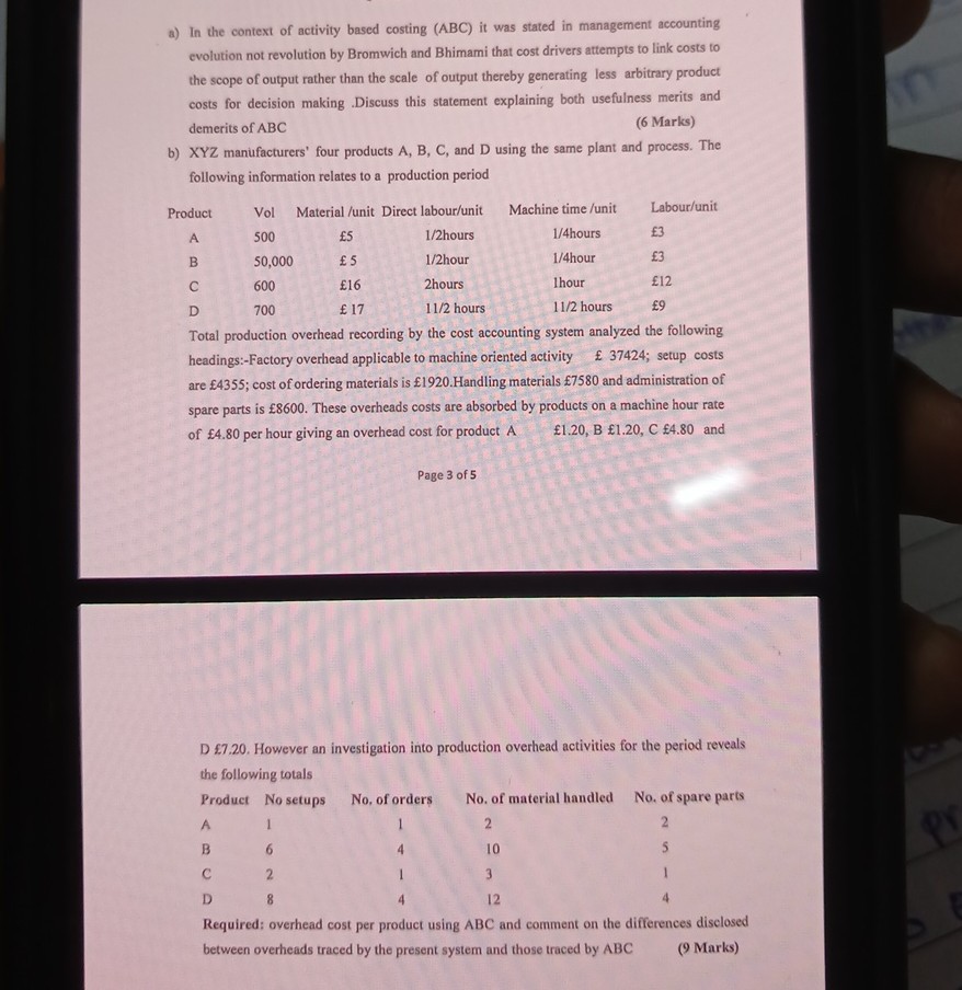 a) In the context of activity based costing (ABC) it was stated in management accounting evolution not revolution by Bromwich and Bhimami that cost drivers attempts to link costs to the scope of output rather than the scale of output thereby generating less arbitrary product costs for decision making .Discuss this statement explaining both usefulness merits and demerits of ABC
(6 Marks)
b) XYZ manufacturers' four products A, B, C, and D using the same plant and process. The following information relates to a production period

Product	Vol	Material /unit	Direct labour/unit	Machine time /unit	Labour/unit
A	500	