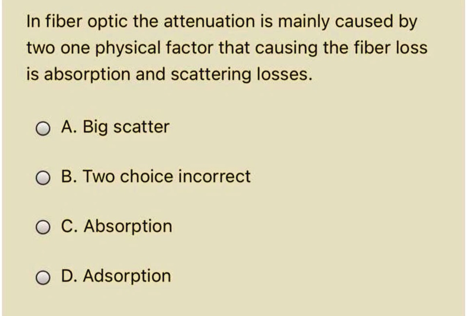 In fiber optic the attenuation is mainly caused by two one physical factor that causing the fiber loss is absorption and scattering losses.

A. Big scatter
B. Two choice incorrect
C. Absorption
D. Adsorption