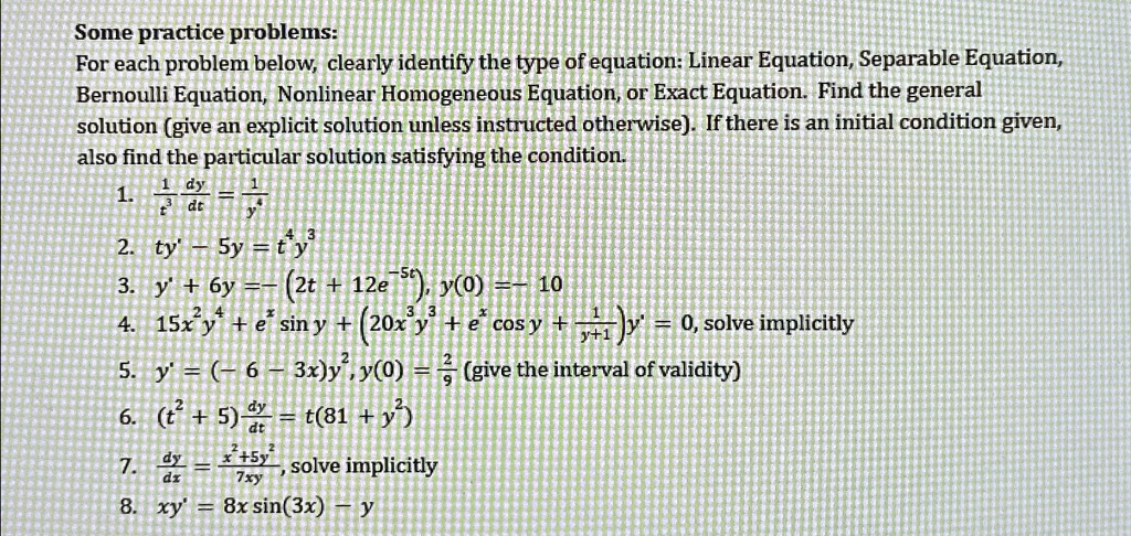 need help for review sheet some practice problems for each problem below clearly identify the type of equation linear equation separable equation bernoulli equation nonlinear homogeneous equ 78451