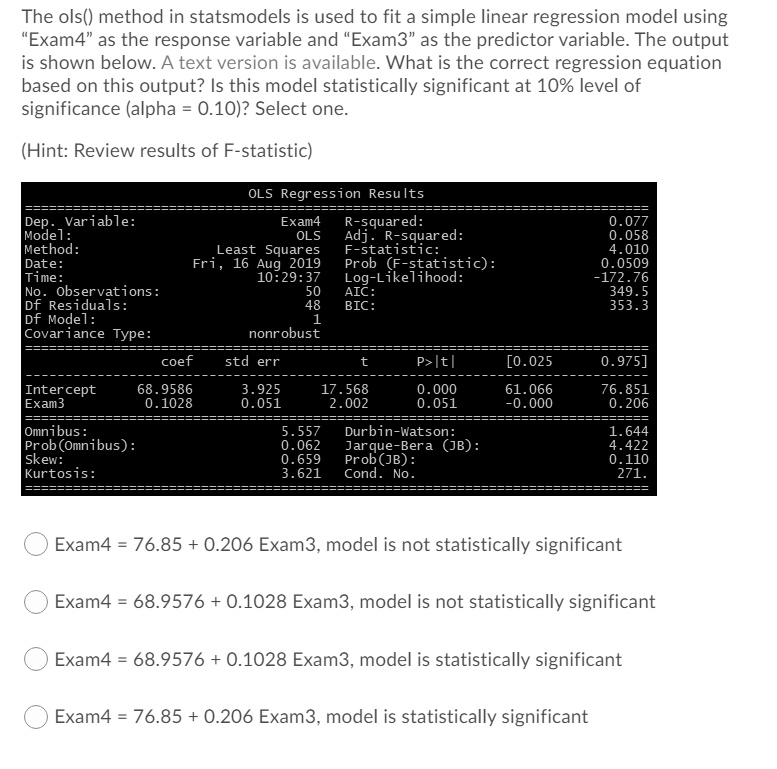 Solved The Ols Method In Statsmodels Is Used To Fit A Simple Linear