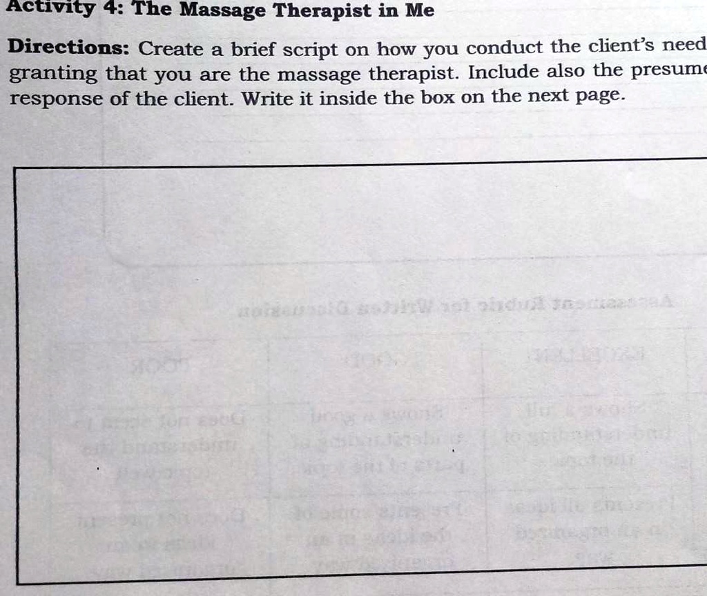 SOLVED: 'create a brief script on how you can duct the clients need  assessment granting that you are the massage therapist Activity 4 The  Massage Therapist in Me Directions: Create a brief