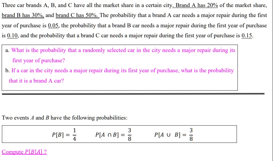 Three car brands A, B, and C have all the market share in a certain city. Brand A has 20% of the market share, brand B has 30%, and brand C has 50%. The probability that a brand A car needs a major repair during the first year of purchase is 0.05, the probability that a brand B car needs a major repair during the first year of purchase is 0.10, and the probability that a brand C car needs a major repair during the first year of purchase is 0.15.

a. What is the probability that a randomly selected car in the city needs a major repair during its first year of purchase?
b. If a car in the city needs a major repair during its first year of purchase, what is the probability that it is a brand A car?

Two events A and B have the following probabilities:

P[B] = 1/4    P[A ? B] = 3/8    P[A ? B] = 3/8

Compute P[B|A]?