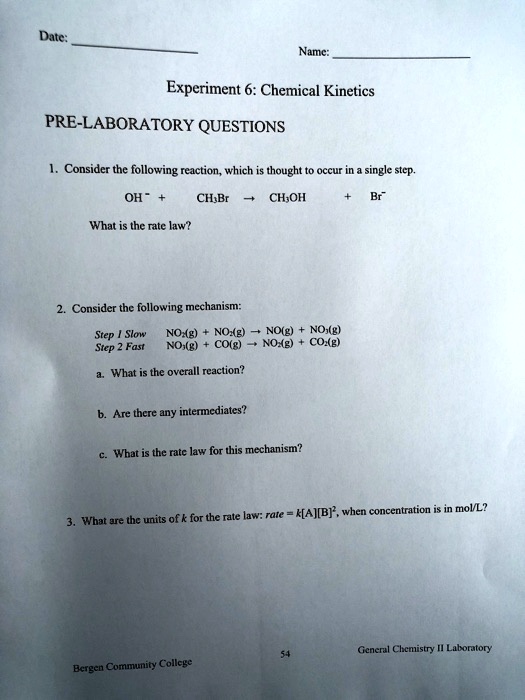 SOLVED: Name: Experiment 6: Chemical Kinetics PRE-LABORATORY QUESTIONS ...