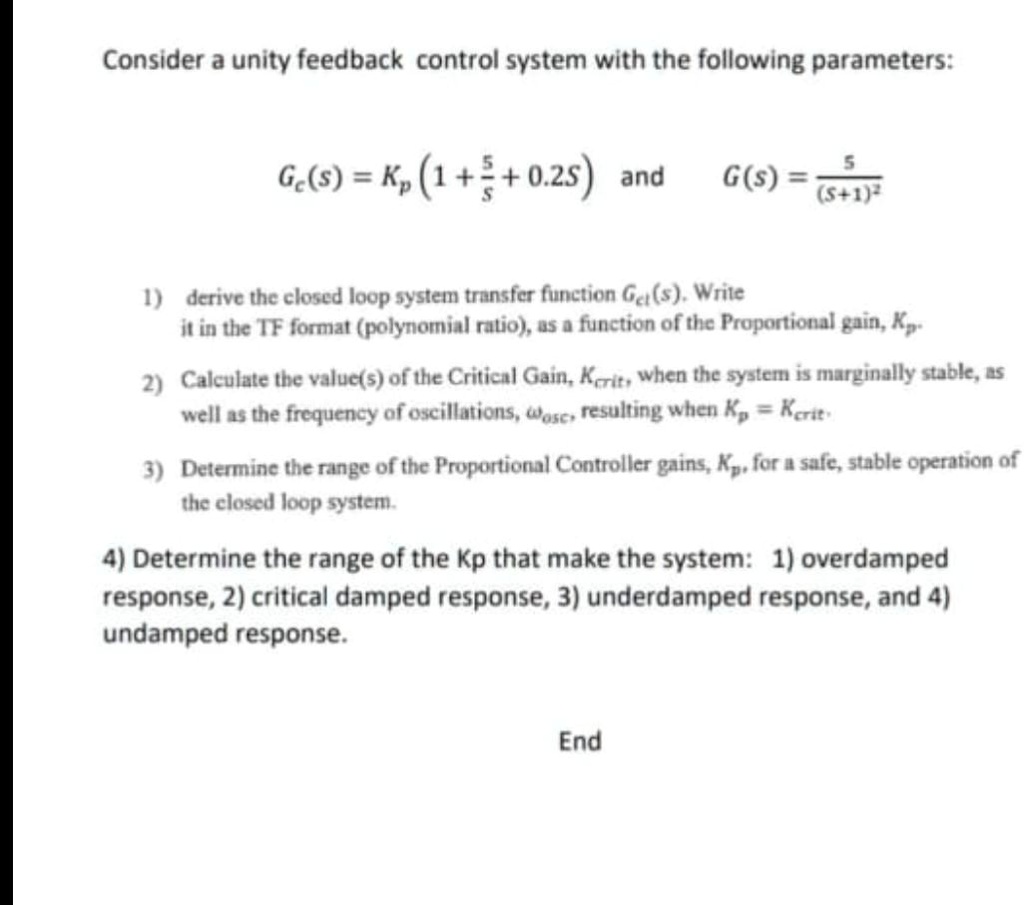 SOLVED: Consider a unity feedback control system with the following ...