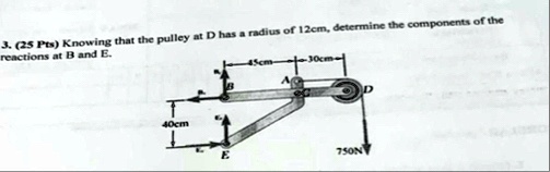 3 25 pts knowing that the pulley at d has a radius of 12cm determine the components of the reactions at b and e 40cm 45cm 30cm a b e 750n 94115