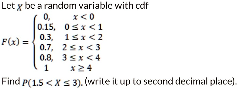 Let X be a random variable with cdf
F(x) = 
0, x < 0
0.15, 0 ? x < 1
0.3, 1 ? x < 2
0.7, 2 ? x < 3
0.8, 3 ? x < 4
1, x ? 4
Find P(1.5 < X ? 3). (write it up to second decimal place).
