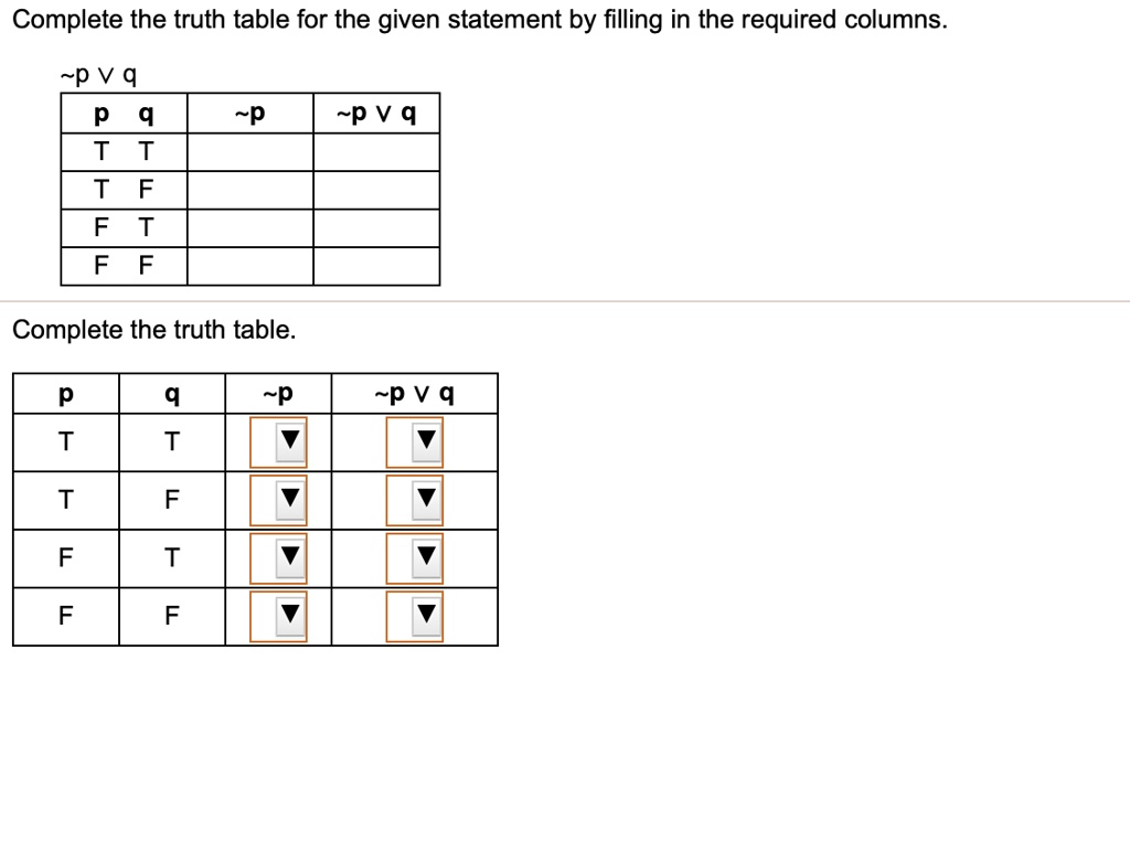 Complete the truth table for the given statement by filling in the required columns.
 p ? q
| p | q |  p |  p ? q |
|—|—|—|—|
| T | T |   |   |
| T | F |   |   |
| F | T |   |   |
| F | F |   |   |
Complete the truth table.
| p | q |  p |  p ? q |
|—|—|—|—|
| T | T |   |   |
| T | F |   |   |
| F | T |   |   |
| F | F |   |   |
