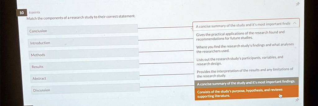 10 6 points
Match the components of a research study to their correct statement.
Conclusion
Introduction
Methods
Results
Abstract
Discussion
A concise summary of the study and it's most important findir
Gives the practical applications of the research found and
recommendations for future studies.
Where you find the research study's findings and what analyses
the researchers used.
Lists out the research study's participants, variables, and
research design.
Provides the interpretation of the results and any limitations of
the research study.
A concise summary of the study and it's most important findings.
Consists of the study's purpose, hypothesis, and reviews
supporting literature.