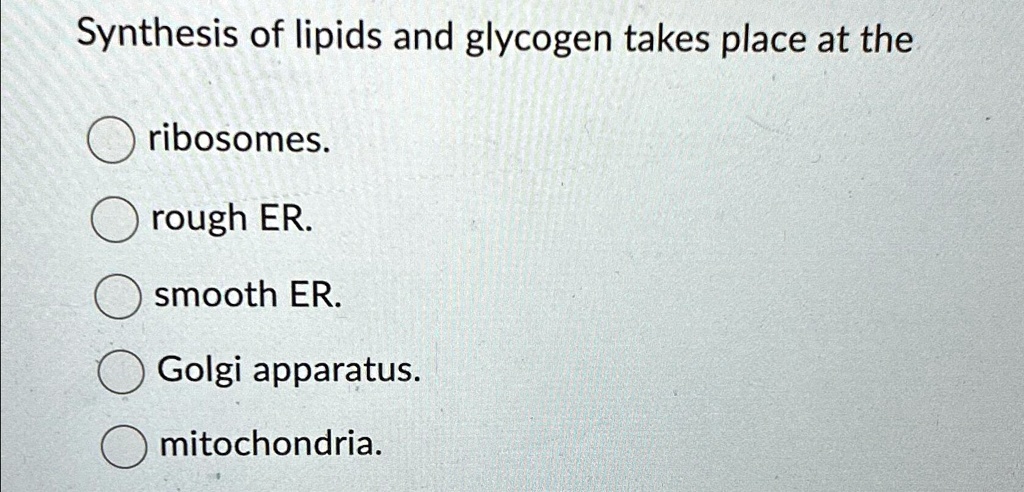 SOLVED: Synthesis of lipids and glycogen takes place at the ribosomes ...