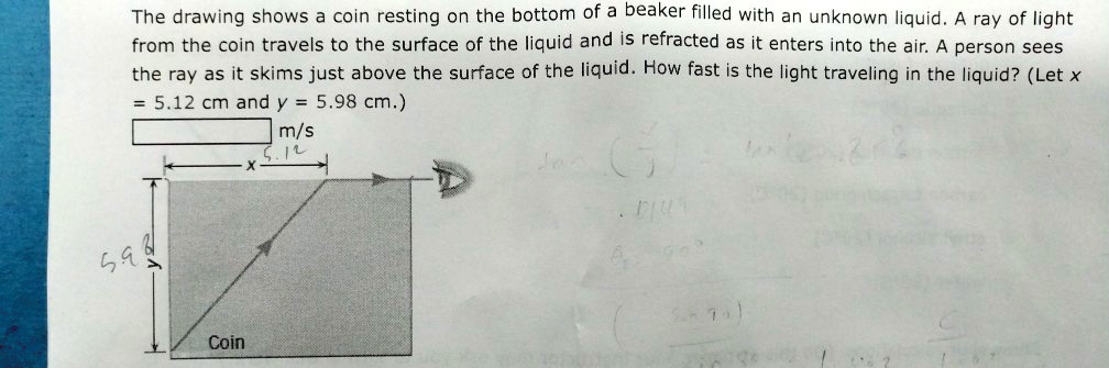 The drawing shows a coin resting on the bottom of a beaker filled with an unknown liquid. A ray of light from the coin travels to the surface of the liquid and is refracted as it enters into the air. A person sees the ray as it skims just above the surface of the liquid. How fast is the light traveling in the liquid? (Let x = 5.12 cm and y = 5.98 cm.)