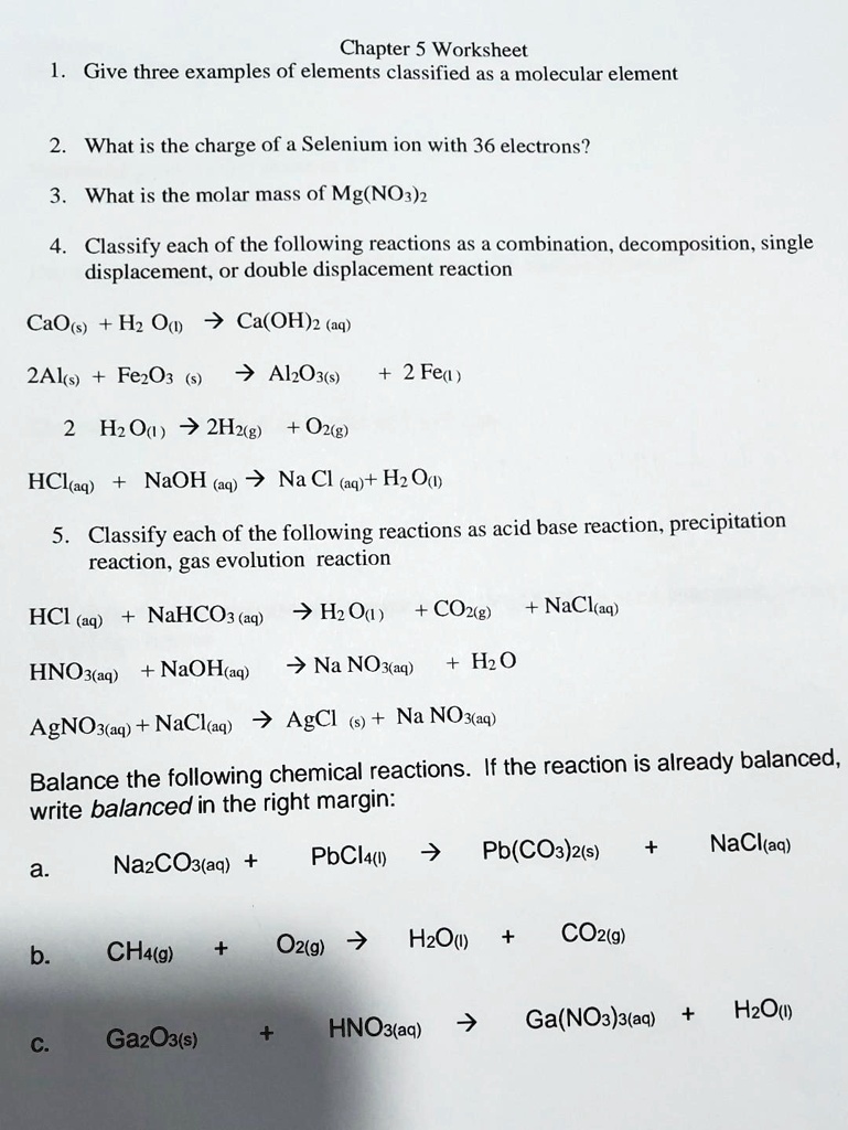 SOLVED Chapter 5 Worksheet Give three examples of elements classified