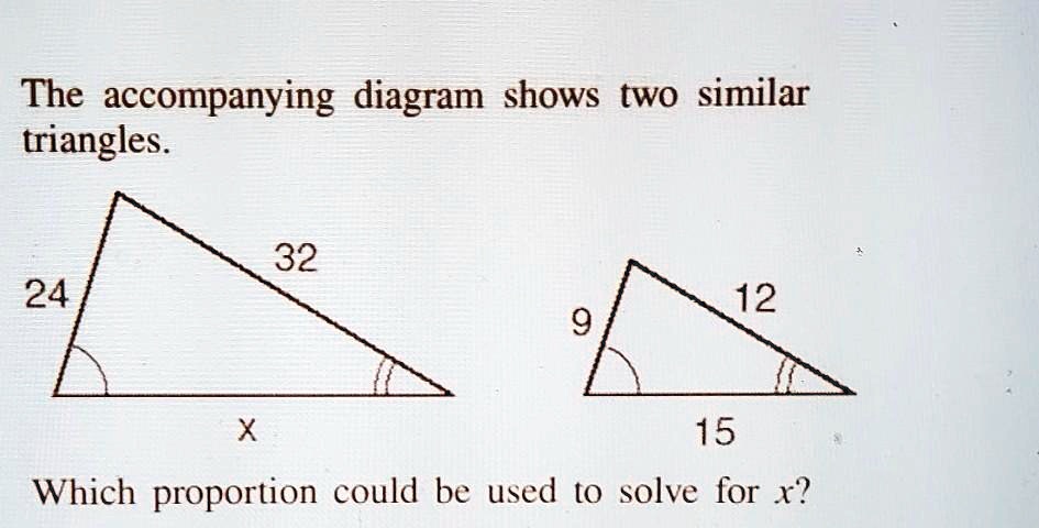The accompanying diagram shows two similar triangles. 32 24 12 9 x 15 ...