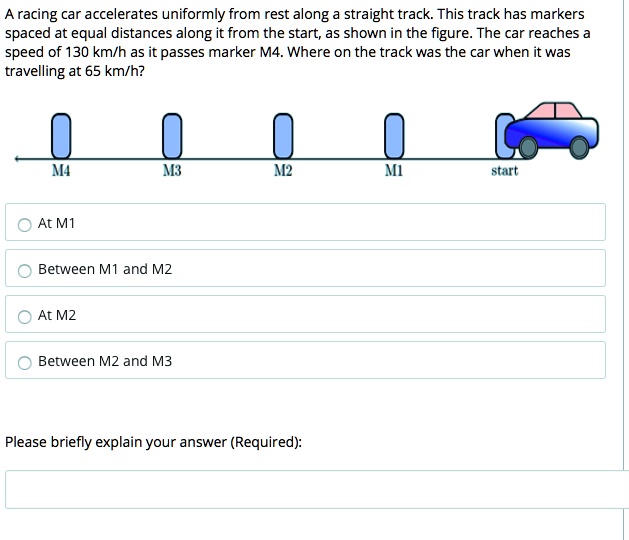 A racing car accelerates uniformly from rest along straight track This