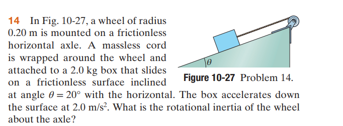 14 In Fig. 10-27, a wheel of radius 0.20 m is mounted on a frictionless horizontal axle. A massless cord is wrapped around the wheel and attached to a 2.0 kg box that slides on a frictionless surface inclined at angle ? = 20° with the horizontal. The box accelerates down the surface at 2.0 m/s². What is the rotational inertia of the wheel about the axle?