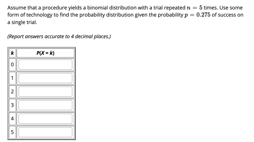 Assume that a procedure yields a binomial distribution with a trial repeated n = 5 times. Use some form of technology to find the probability distribution given the probability p = 0.275 of success on a single trial.
(Report answers accurate to 4 decimal places.)
k P(X = k)
0
1
2
3
4
5