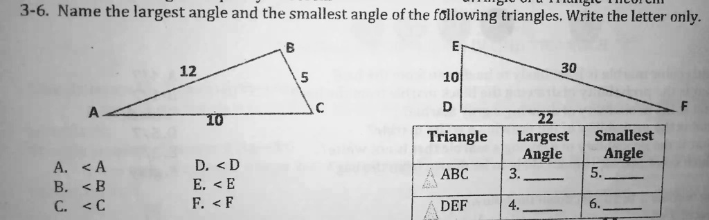 3-6. Name the largest angle and the smallest angle of the following triangles. Write the letter only.
12
B
5
10
C
A
A. < A
D. < D
B. < B
E. < E
C. < C
F. < F
E
30
10
D
22
F
Triangle Largest Angle Smallest Angle
ABC 3.  5. 
DEF 4.  6. 