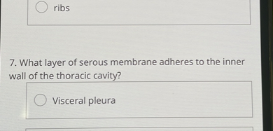7. What layer of serous membrane adheres to the inner wall of the thoracic cavity?