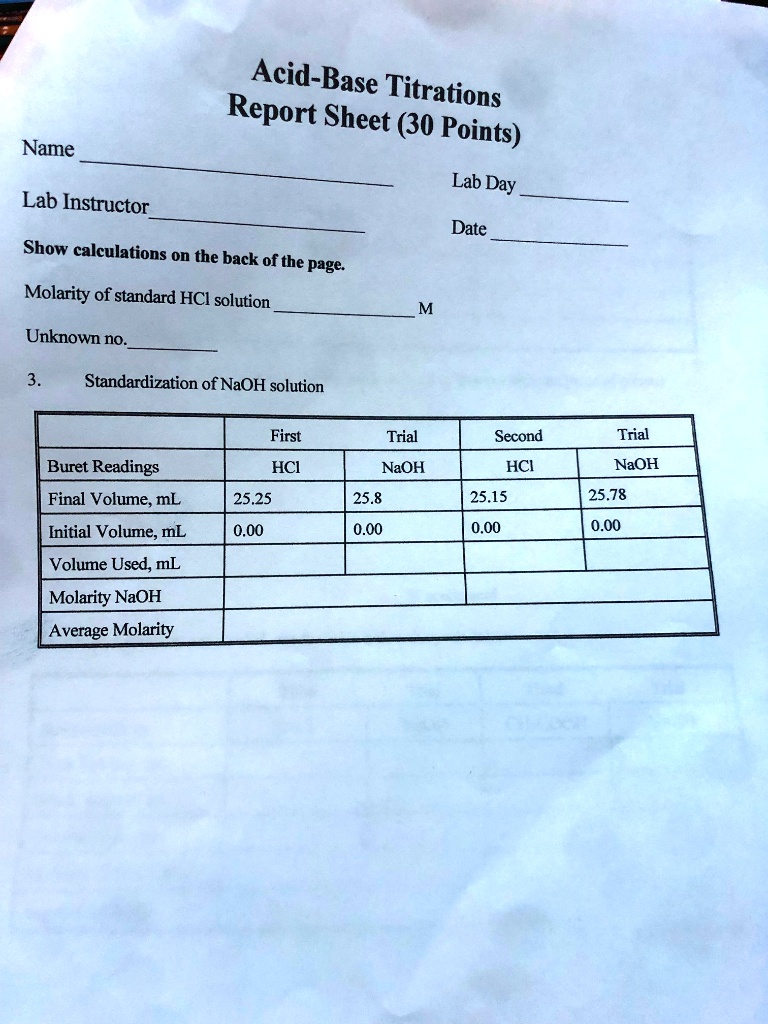SOLVED AcidBase ' Titrations Report " Sheet (30 Points) Name Lab Day