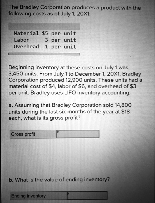 SOLVED The Bradley Corporation produces a product with the following