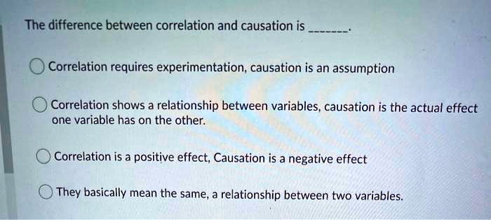 SOLVED:The difference between correlation and causation is Correlation ...