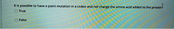 It is possible to have a point mutation in a codon and not change the amino acid added to the protein.
True
False