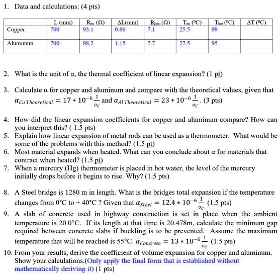 1. Data and calculations: (4 pts)
L (mm) Rm (?) ?L(mm) Rhot (?) Tm (°C) Thot (°C) ?T (°C)
Copper 700 93.1 0.86 7.1 25.5 98
Aluminum 700 88.2 1.15 7.7 27.5 95

2. What is the unit of ?, the thermal coefficient of linear expansion? (1 pt)
3. Calculate ? for copper and aluminum and compare with the theoretical values, given that
?Cu Theoretical = 17 * 10^-6 1/°C and ?Al Theoretical = 23 * 10^-6 1/°C. (3 pts)
4. How did the linear expansion coefficients for copper and aluminum compare? How can
you interpret this? (1.5 pts)
5. Explain how linear expansion of metal rods can be used as a thermometer. What would be
some of the problems with this method? (1.5 pt)
6. Most material expands when heated. What can you conclude about ? for materials that
contract when heated? (1.5 pt)
7. When a mercury (Hg) thermometer is placed in hot water, the level of the mercury
initially drops before it begins to rise. Why? (1.5 pts)
8. A Steel bridge is 1280 m in length. What is the bridges total expansion if the temperature
changes from 0°C to + 40°C ? Given that ?Steel = 12.4 * 10^-6 1/°C (1.5 pts)
9. A slab of concrete used in highway construction is set in place when the ambient
temperature is 20.0°C. If its length at that time is 20.478m, calculate the minimum gap
required between concrete slabs if buckling is to be prevented. Assume the maximum
temperature that will be reached is 55°C. ?Concrete = 13 * 10^-6 1/°C (1.5 pts)
10. From your results, derive the coefficient of volume expansion for copper and aluminum.
Show your calculations. (Only apply the final form that is established without
mathematically deriving it) (1 pts)