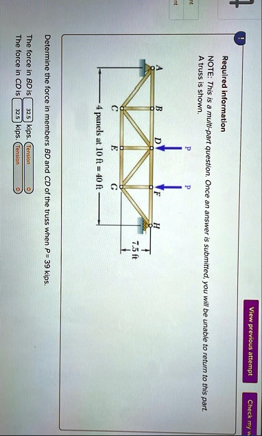 required information note this is a multi part question once an answer is submitted you will be unable to return to this part a truss is shown p p b d f h 75 ft c e g 4 panels at 10 ft 40 ft 67092