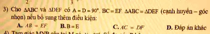 3) Cho ABC và DEF có ∠ A = ∠ D = 90^∘, BC = EF. ABC =  DEF (c?nh huy?n - góc nh?n) n?u b? sung thêm ?i?u ki?n:
A. AB = EF
B. B = E
C. AC = DF
D. ?áp án khác
4) Tam giác MNP cân t?i M