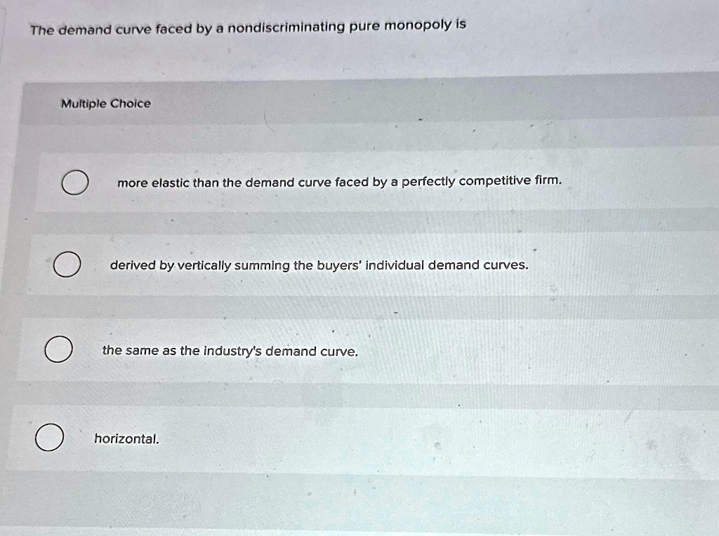 SOLVED: The demand curve faced by a nondiscriminating pure monopoly is ...