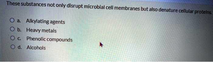 These substances not only disrupt microbial cell membranes but also denature cellular proteins.
a. Alkylating agents
b. Heavy metals
c. Phenolic compounds
d. Alcohols