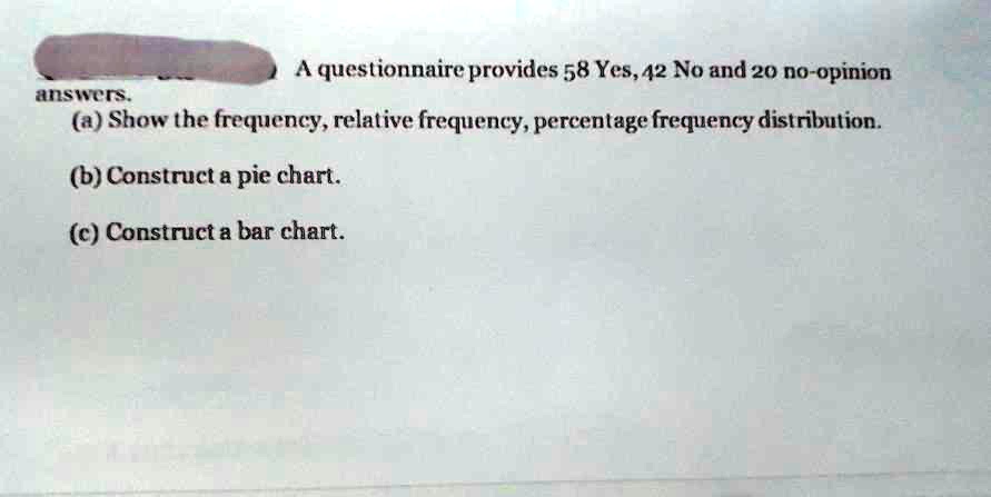 A questionnaire provides 58 Yes, 42 No and 20 no-opinion answers.
(a) Show the frequency, relative frequency, percentage frequency distribution.
(b) Construct a pie chart.
(c) Construct a bar chart.